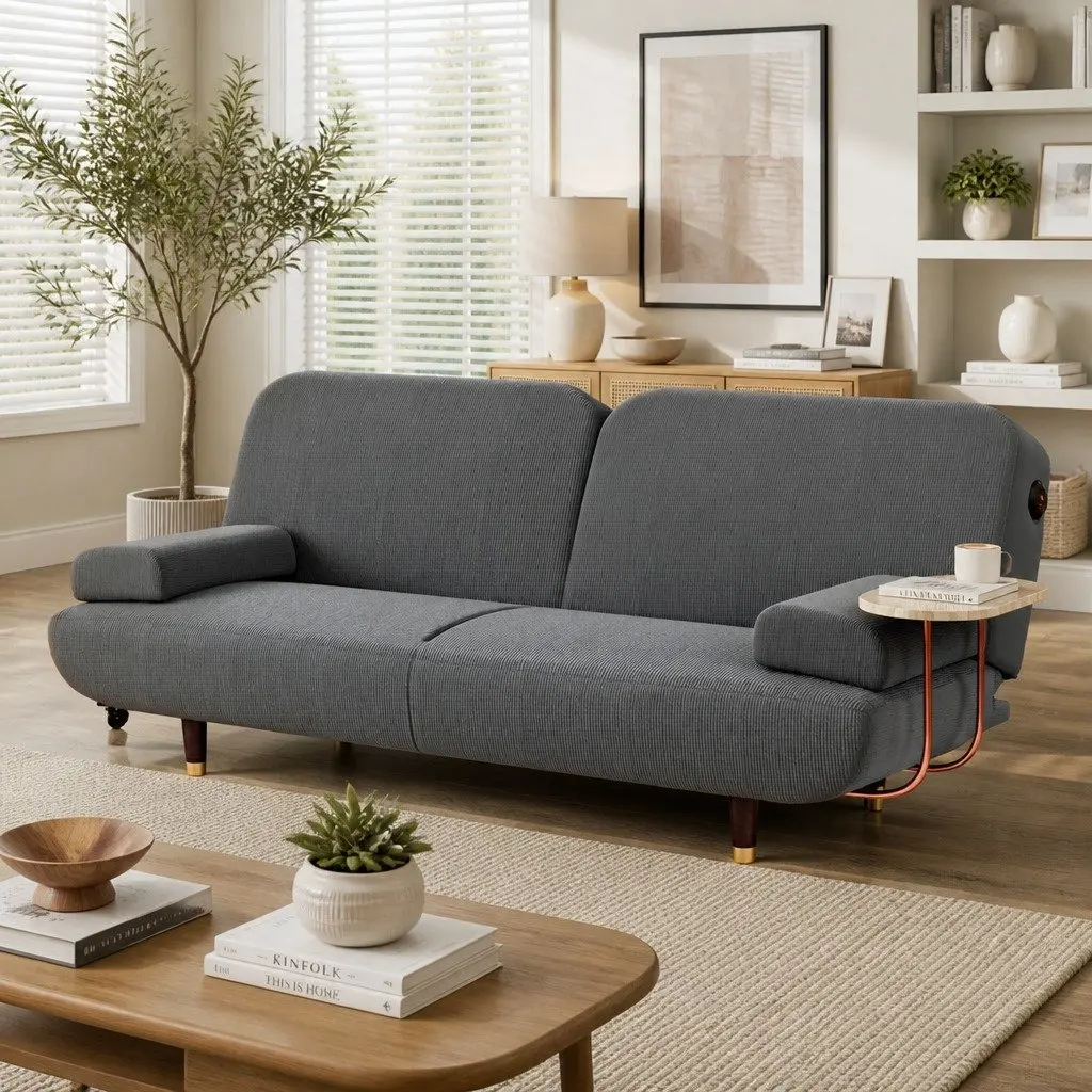 Convertible Sofa Bed 3-Seater Adjustable Backrest USB Charging Side Table Grey
