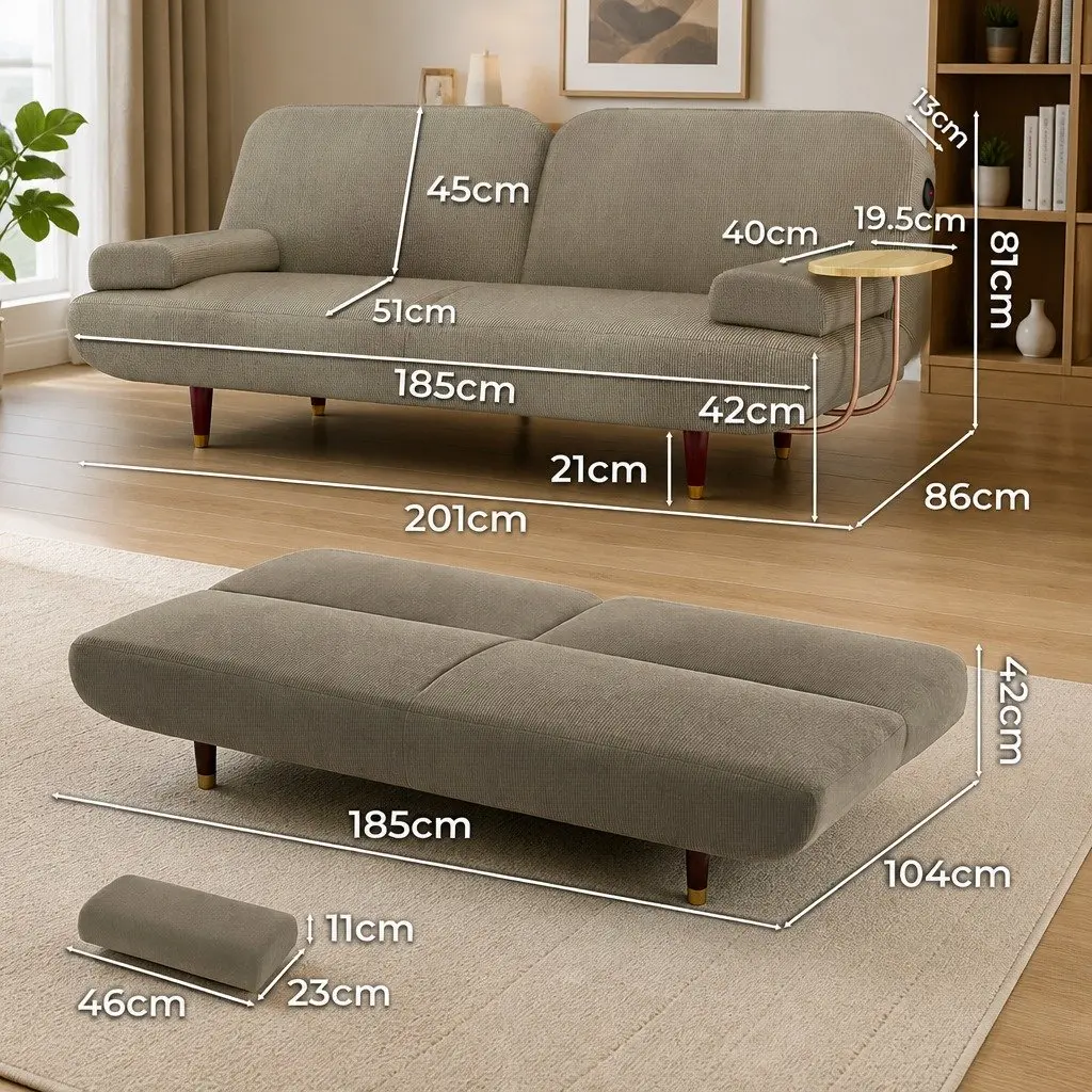 Convertible Sofa Bed 3 Seater USB Charging Port Adjustable Backrest Side Table