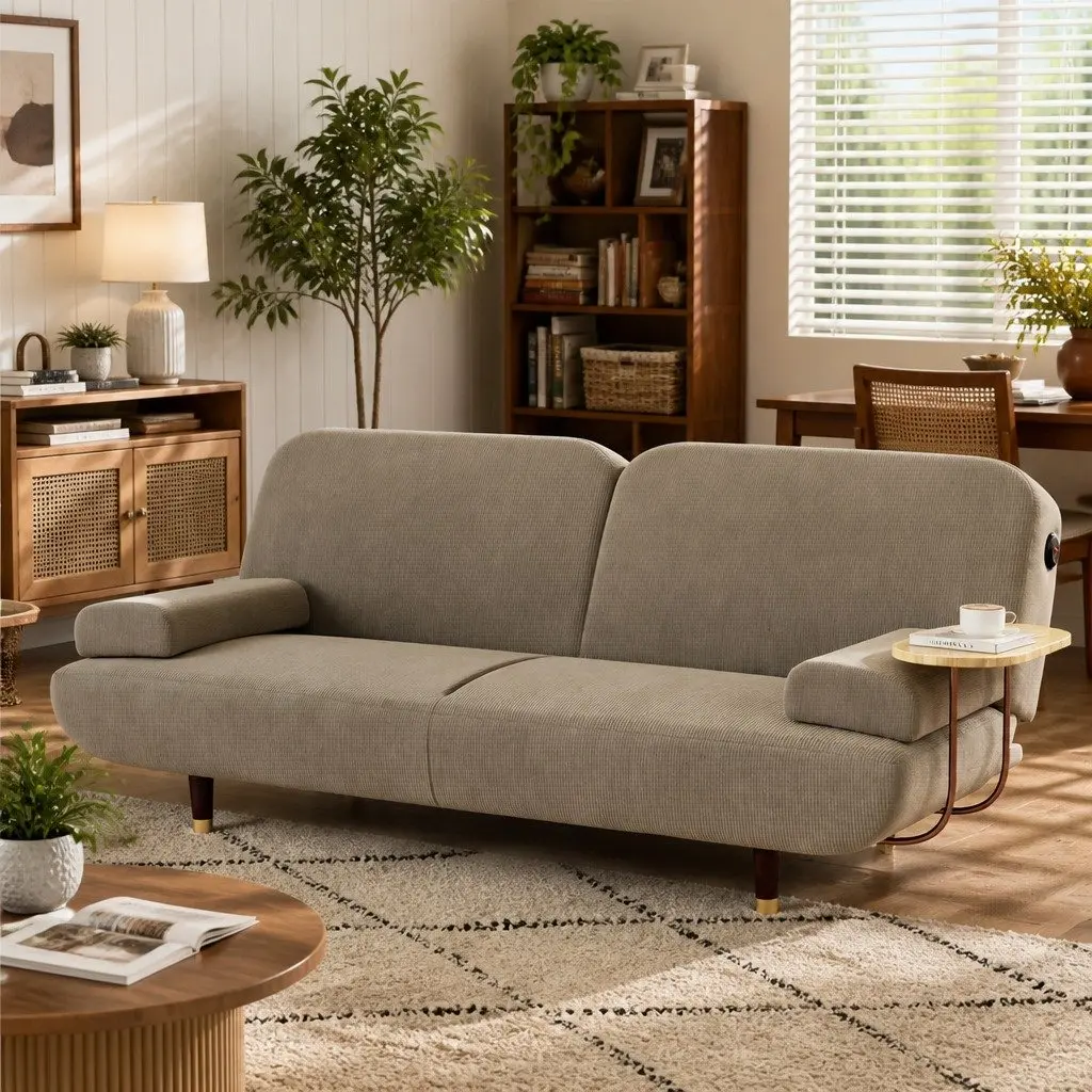 Convertible Sofa Bed 3 Seater USB Charging Port Adjustable Backrest Side Table