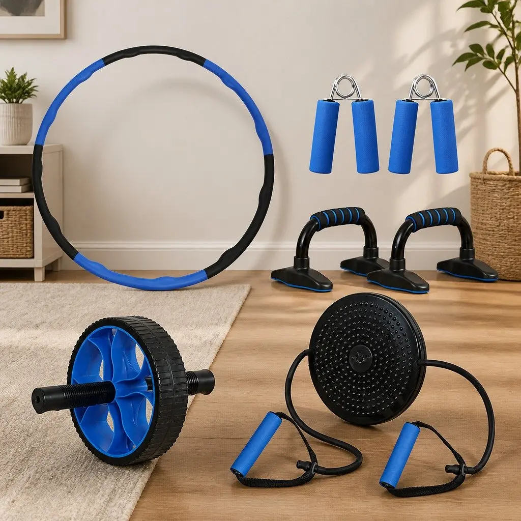 Exercise Roller Wheel Set 5-in-1 Ab Wheel Hula Hoop Push-Up Bars Hand Grippers