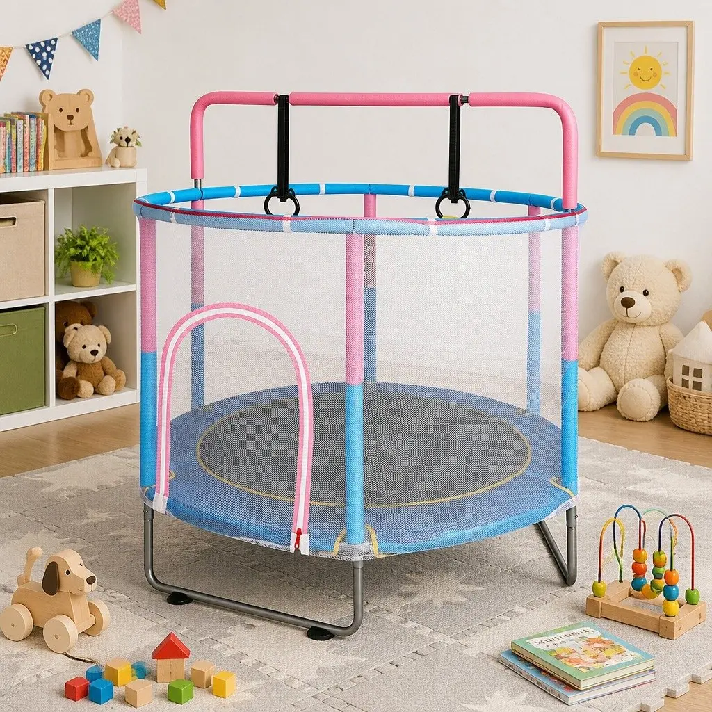 Kids Trampoline 55" Rebounder with Hanging Rings Indoor Outdoor Play Equipment