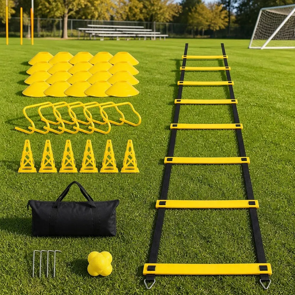 39 Piece Speed Agility Training Kit for Home Gym Indoor Outdoor Use with Adjustable Ladder Hurdles Cones Reaction Ball