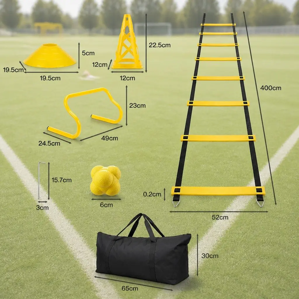 39 Piece Speed Agility Training Kit for Home Gym Indoor Outdoor Use with Adjustable Ladder Hurdles Cones Reaction Ball
