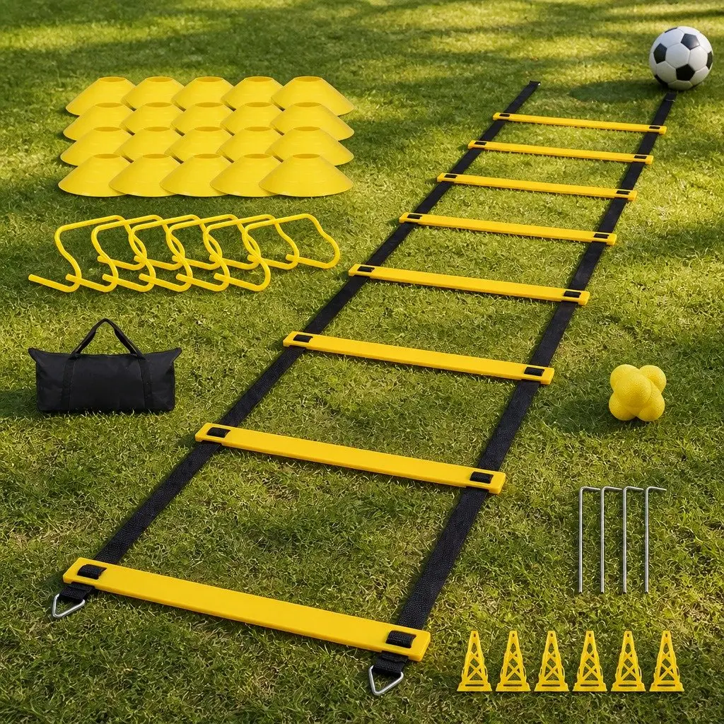39 Piece Speed Agility Training Kit for Home Gym Indoor Outdoor Use with Adjustable Ladder Hurdles Cones Reaction Ball