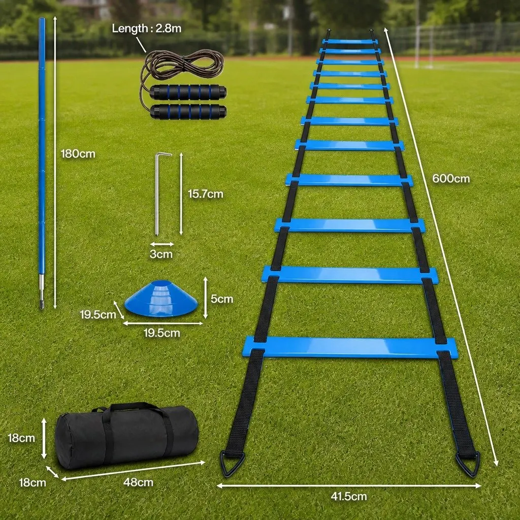Agility Training Set for Soccer and Football 6 Piece Includes Agility Ladder Poles Cones Jump Rope