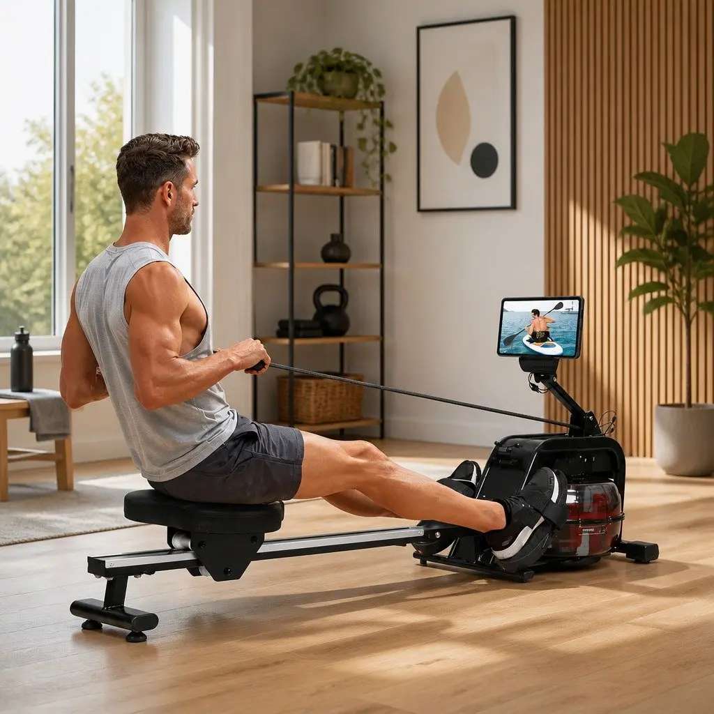Water Rowing Machine Home Gym Equipment Fitness Rower LED Display Bluetooth Apps