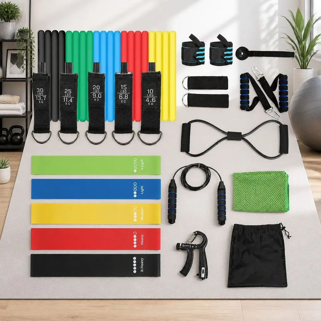 Resistance Bands Set Full Kit with Jump Rope Handles Door Anchor for Home