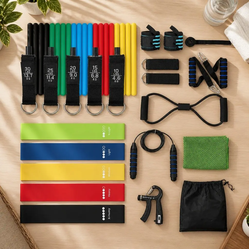 Resistance Bands Set Full Kit with Jump Rope Handles Door Anchor for Home