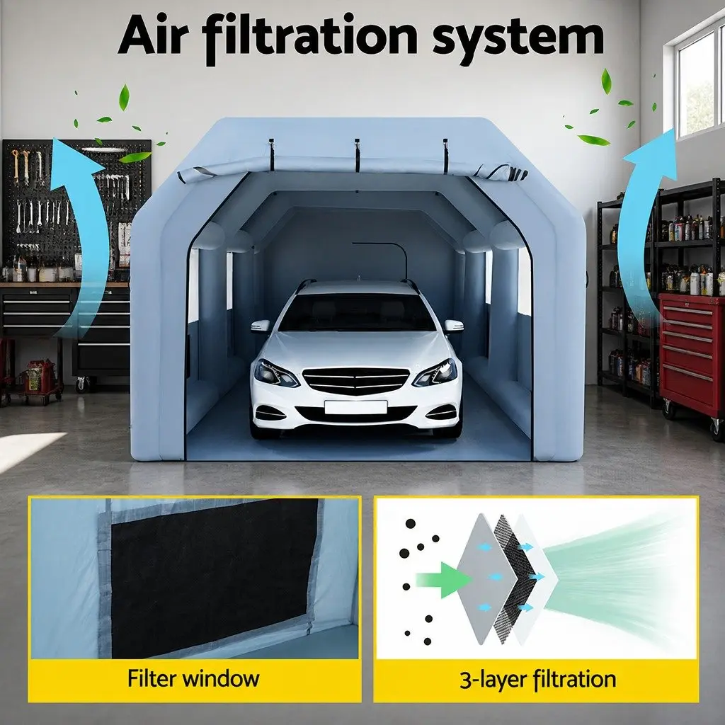 Inflatable Spray Paint Booth for Automotive Use 8.5x4.6m with Dual Filtration System and Blowers