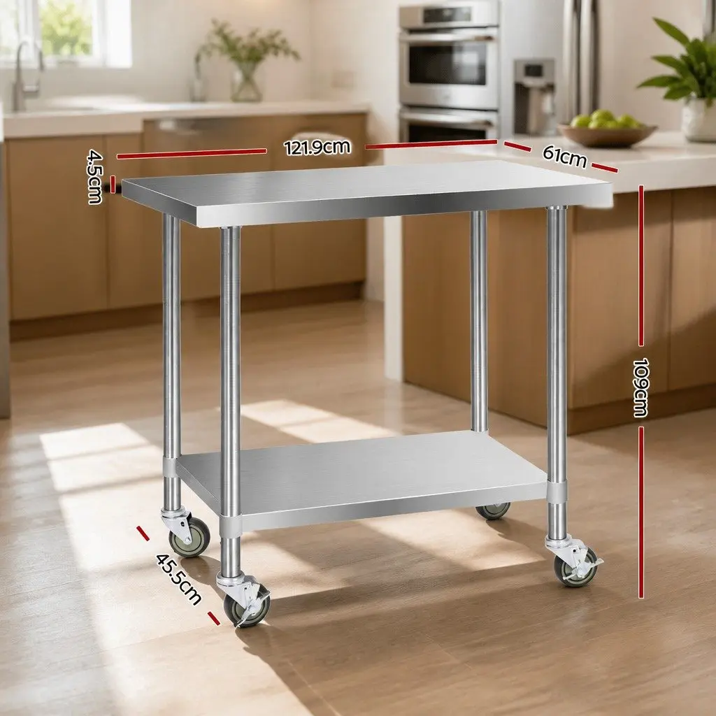 Stainless Steel Kitchen Work Bench with Lockable Wheels Adjustable Shelving