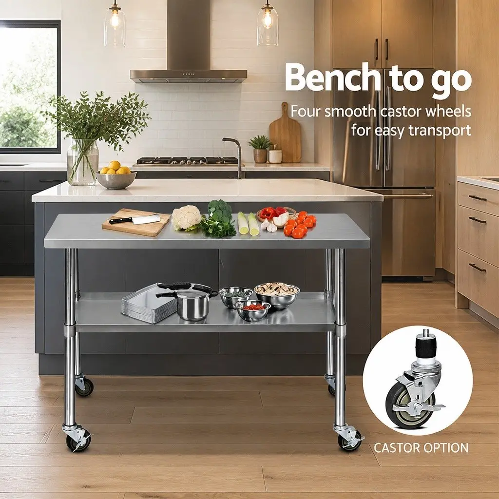 Stainless Steel Kitchen Work Bench with Lockable Wheels Adjustable Shelving