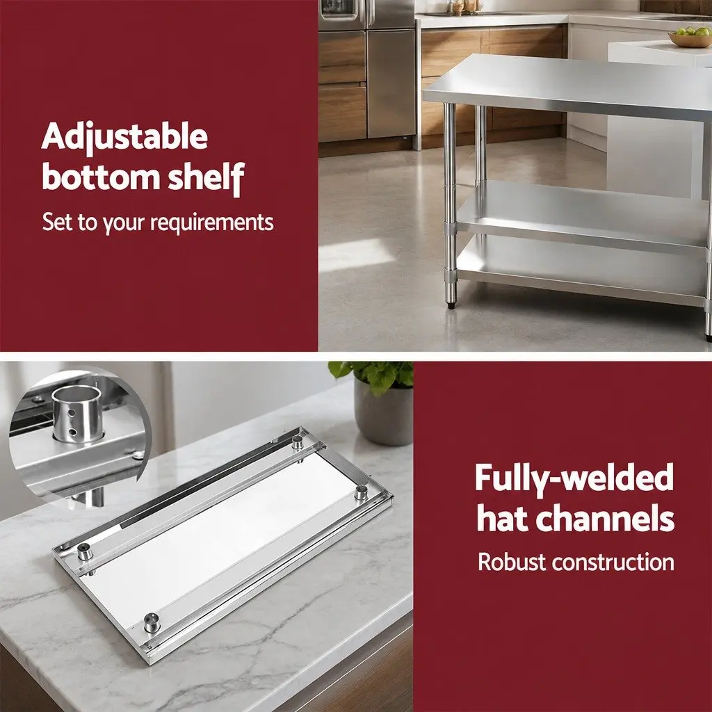Stainless Steel Kitchen Work Bench with Lockable Wheels Adjustable Shelving