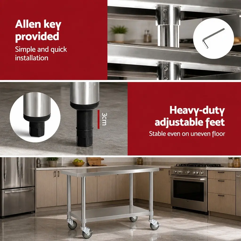Stainless Steel Kitchen Work Bench with Lockable Wheels Adjustable Shelving