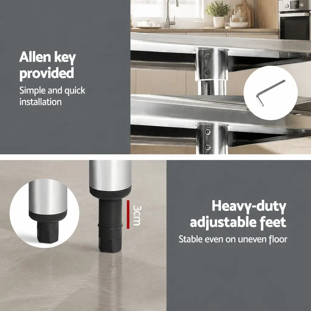 Stainless Steel Kitchen Work Bench with Lockable Wheels Adjustable Shelving