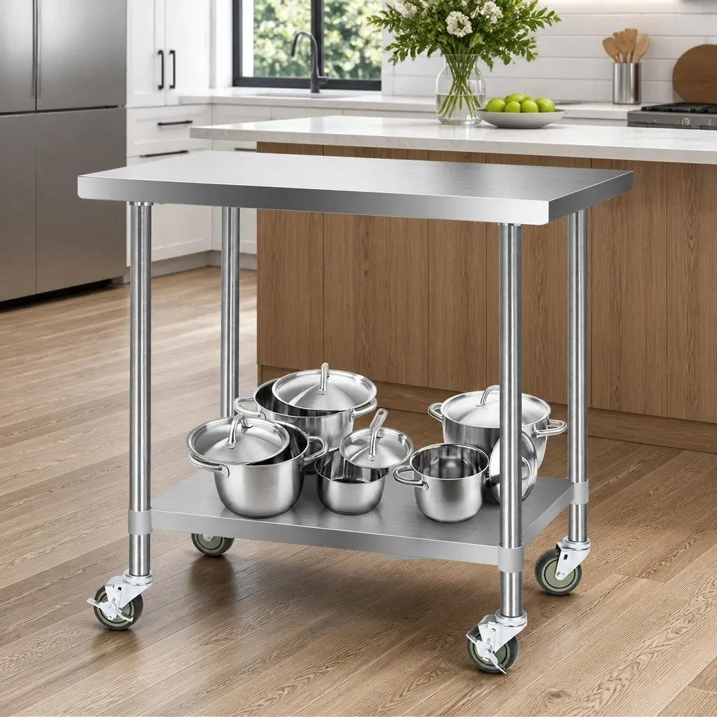 Stainless Steel Kitchen Work Bench with Lockable Wheels Adjustable Shelving