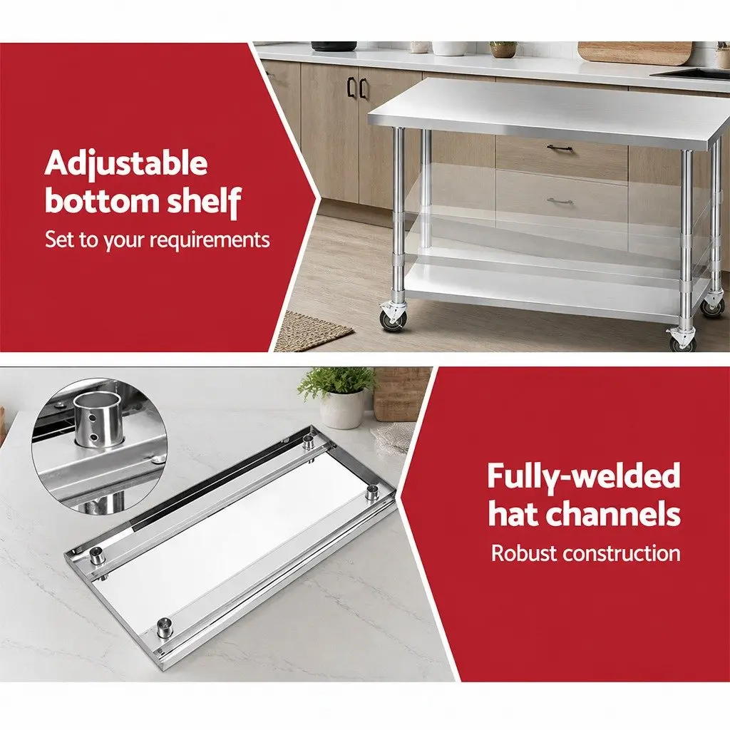 Stainless Steel Kitchen Bench for Food Preparation 1524x610mm with Adjustable Shelf and Wheels