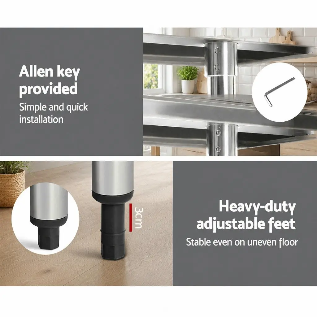 Stainless Steel Kitchen Bench for Food Preparation 1524x610mm with Adjustable Shelf and Wheels