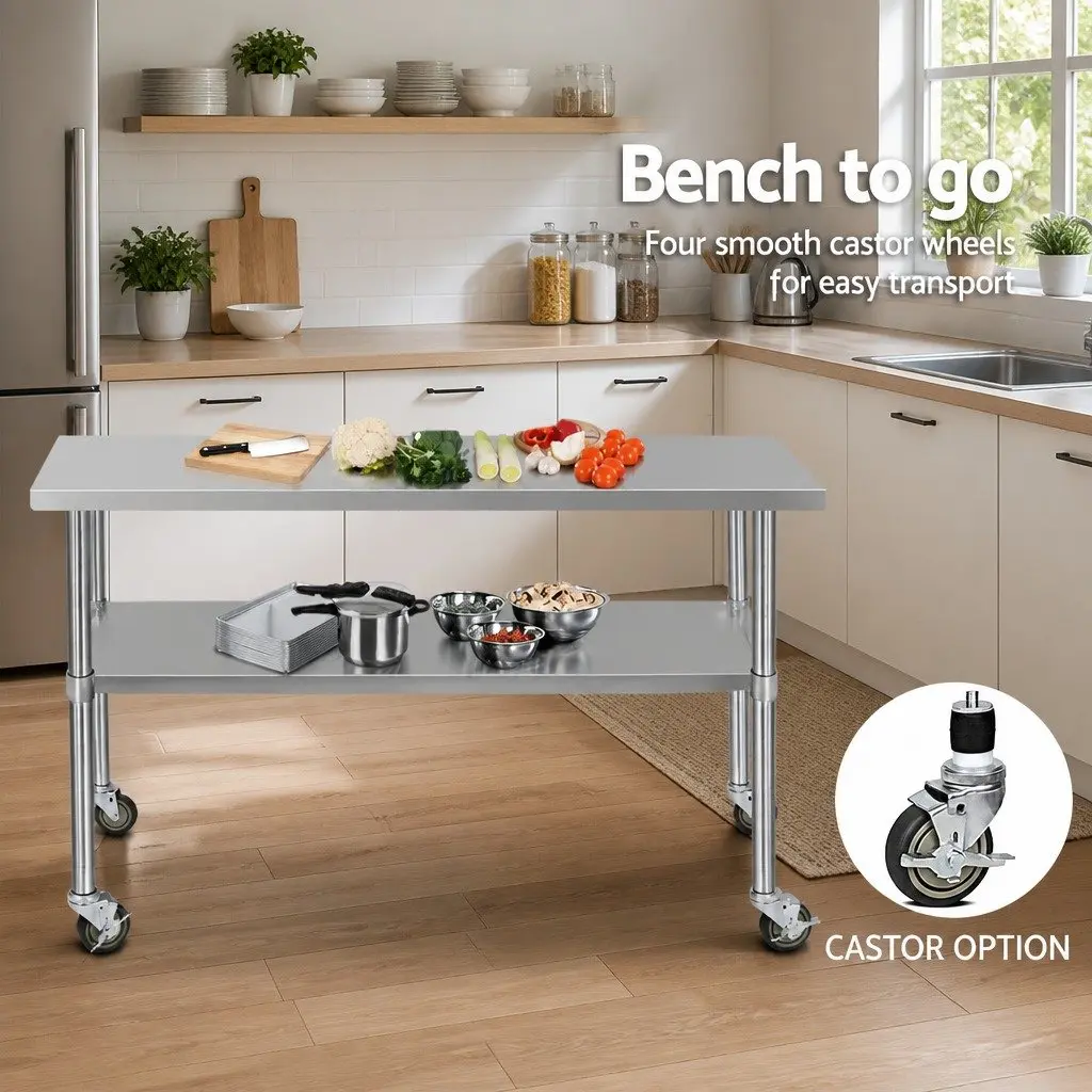 Stainless Steel Kitchen Bench for Food Preparation 1524x610mm with Adjustable Shelf and Wheels