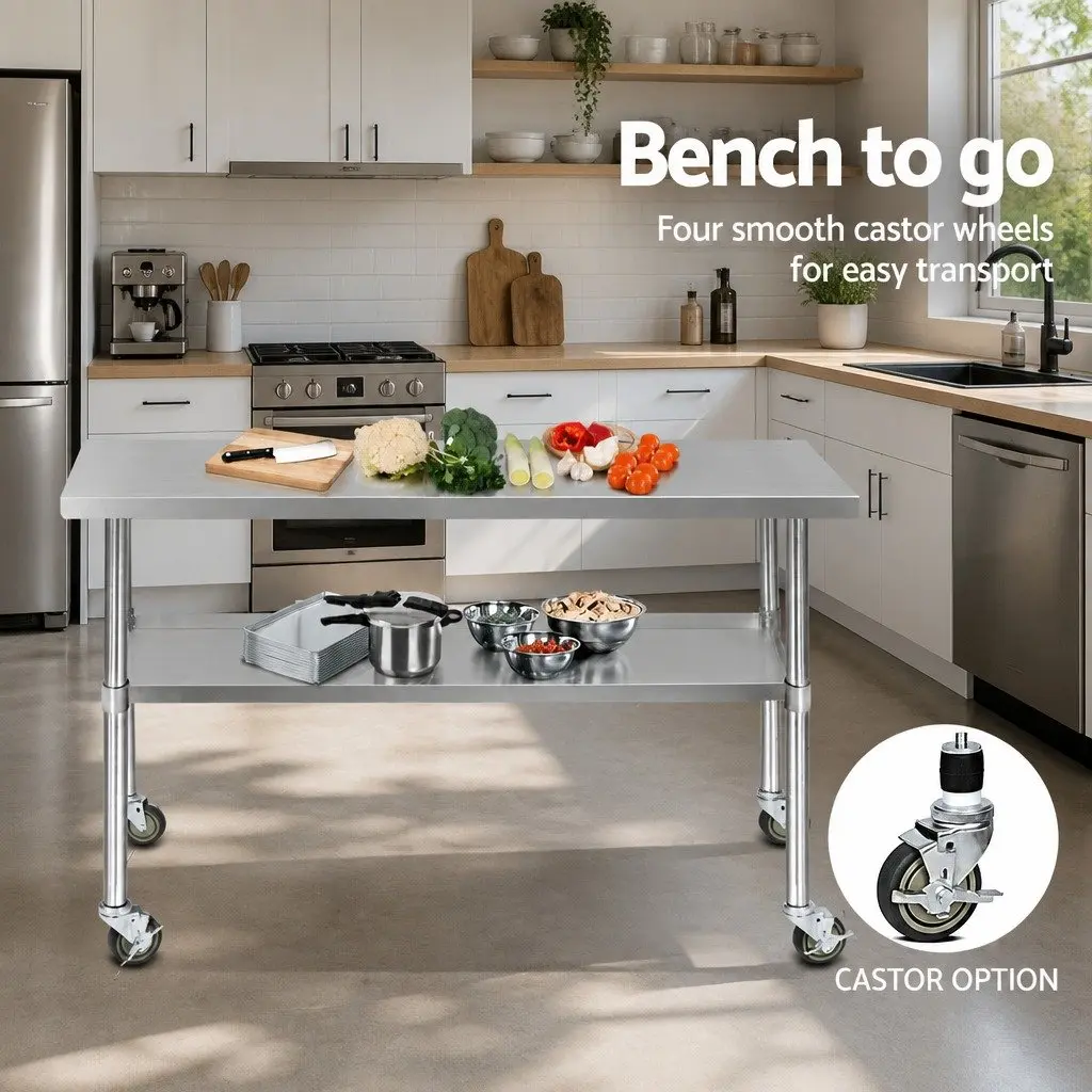Stainless Steel Kitchen Bench for Food Preparation 1524x610mm with Adjustable Shelf and Wheels