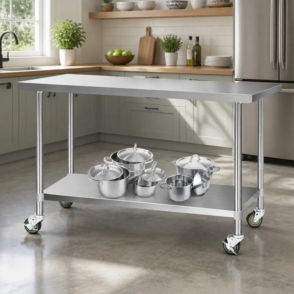 Stainless Steel Kitchen Bench for Food Preparation 1524x610mm with Adjustable Shelf and Wheels