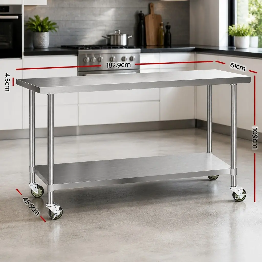 Stainless Steel Kitchen Bench with Wheels 1829x610mm Movable Work Table