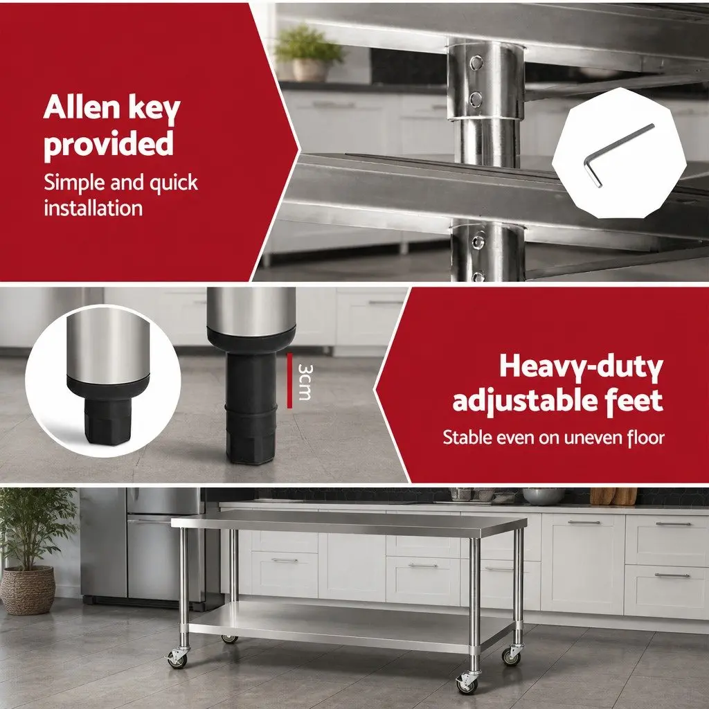 Stainless Steel Kitchen Bench with Wheels 1829x610mm Movable Work Table