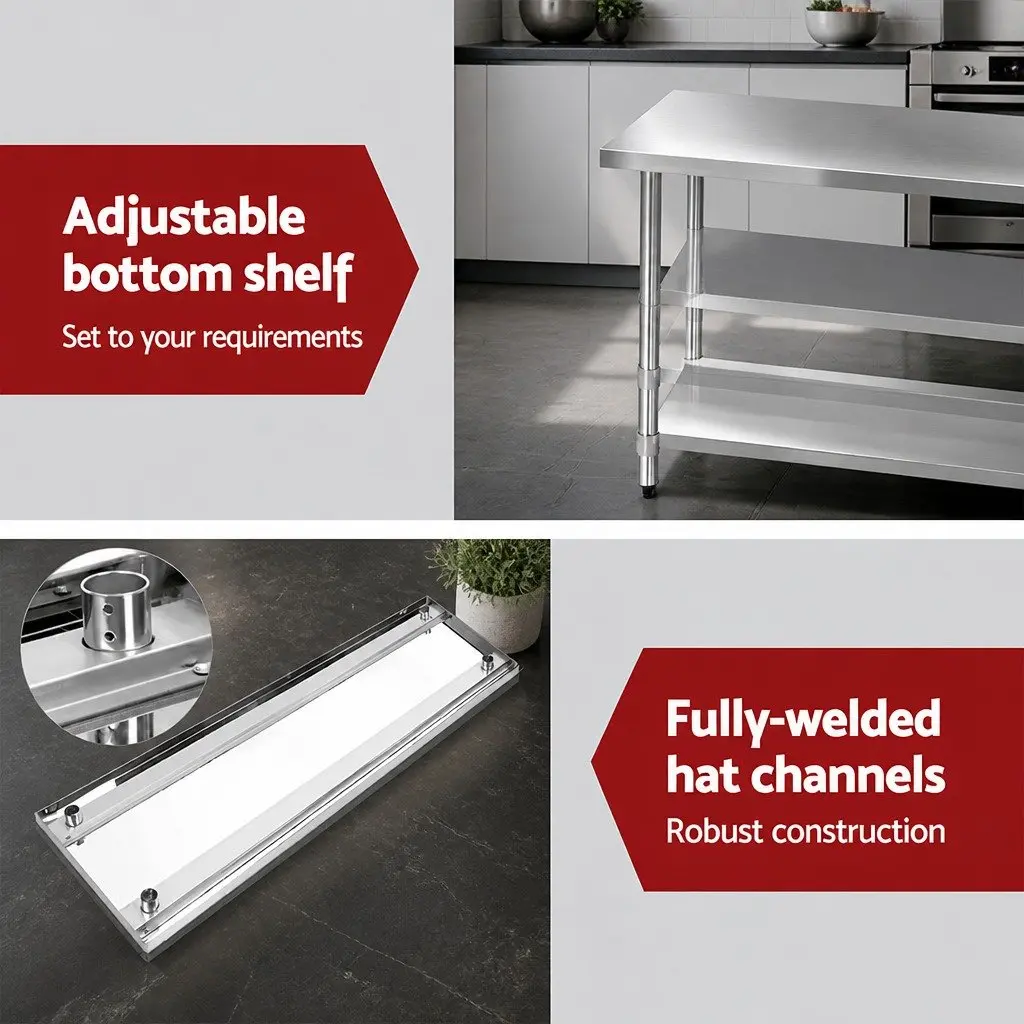 Stainless Steel Kitchen Bench with Wheels 1829x610mm Movable Work Table