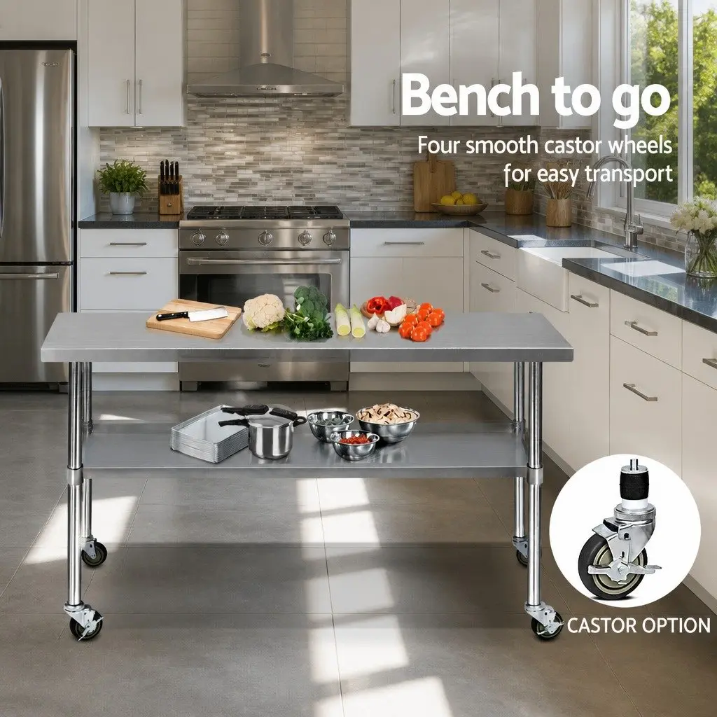 Stainless Steel Kitchen Bench with Wheels 1829x610mm Movable Work Table