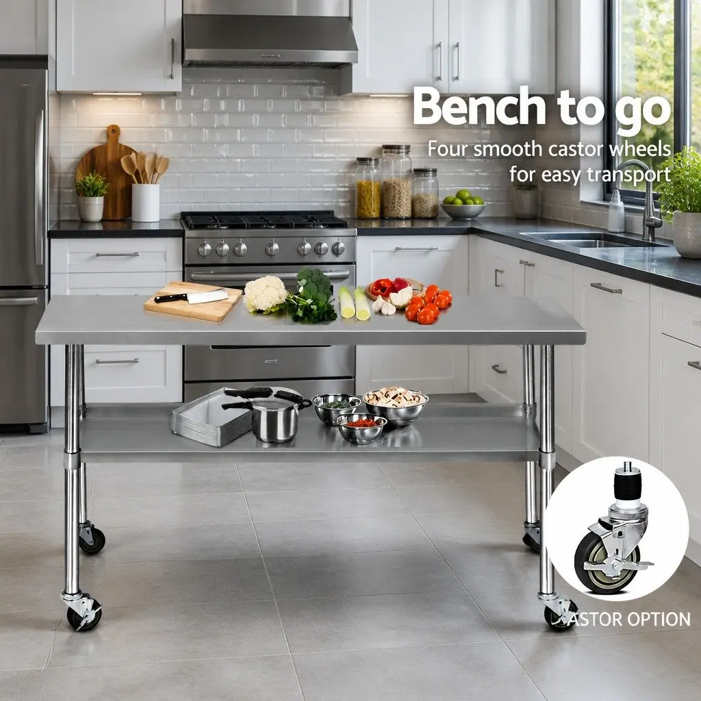Stainless Steel Kitchen Bench with Wheels 1829x610mm Movable Work Table