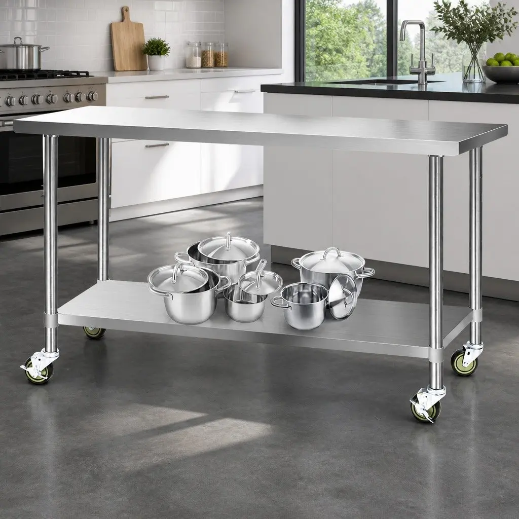 Stainless Steel Kitchen Bench with Wheels 1829x610mm Movable Work Table