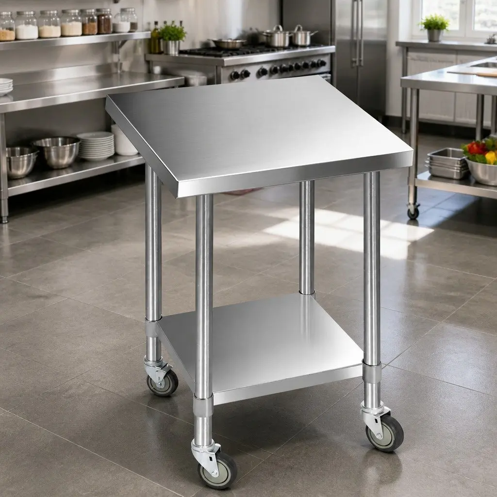 Stainless Steel Kitchen Work Bench 760x760mm with Castor Wheels Storage Shelf
