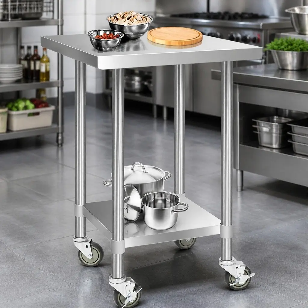 Stainless Steel Kitchen Work Bench 760x760mm with Castor Wheels Storage Shelf