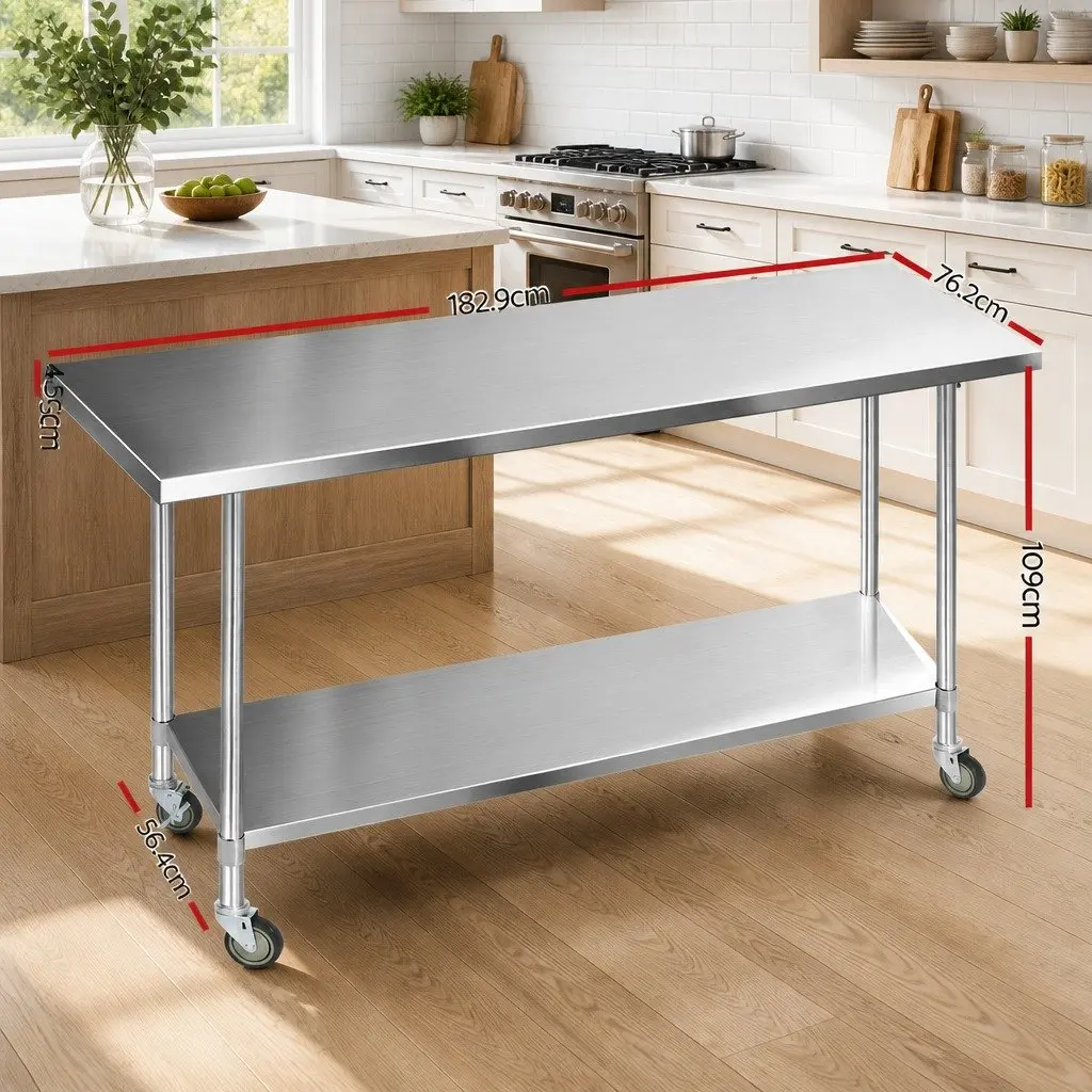 Stainless Steel Kitchen Work Bench with Castor Wheels 1829x760mm Adjustable