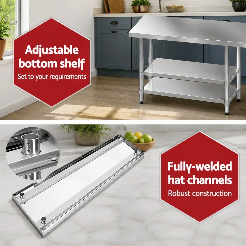 Stainless Steel Kitchen Work Bench with Castor Wheels 1829x760mm Adjustable