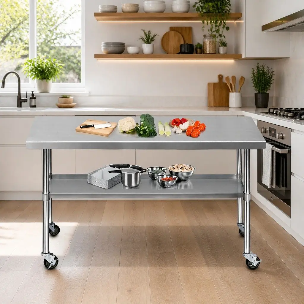 Stainless Steel Kitchen Work Bench with Castor Wheels 1829x760mm Adjustable