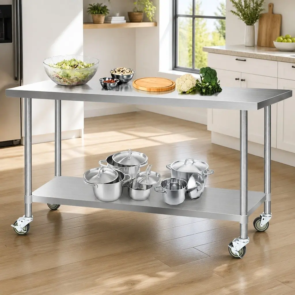 Stainless Steel Kitchen Work Bench with Castor Wheels 1829x760mm Adjustable