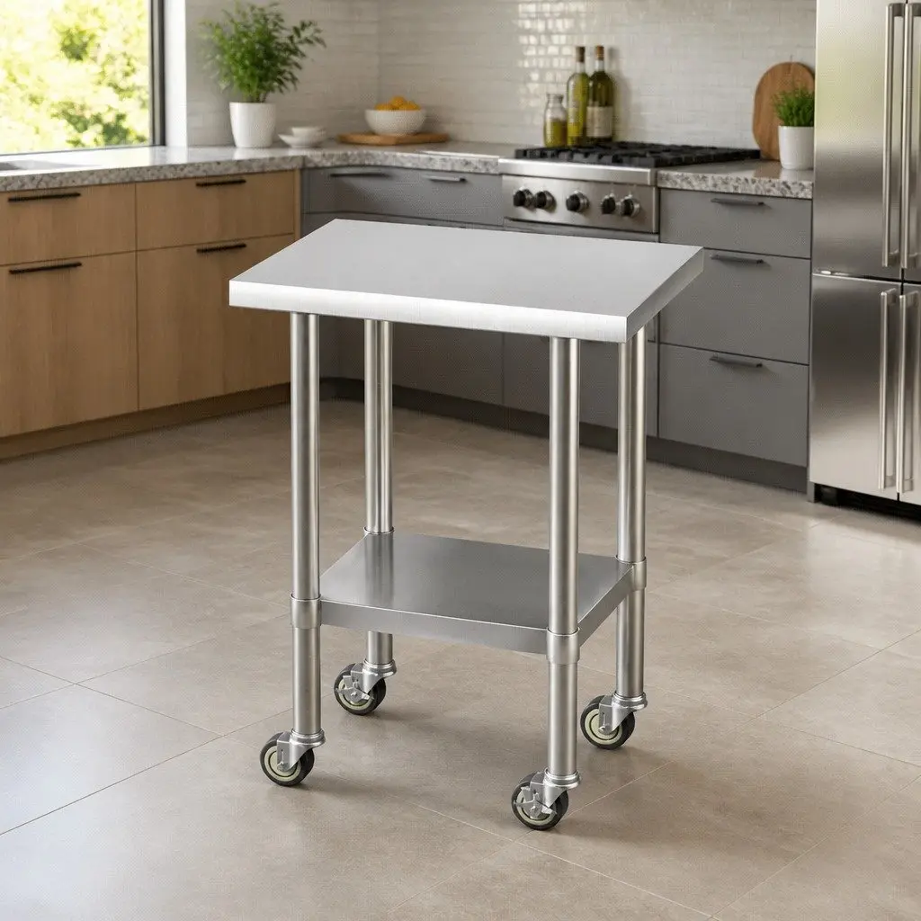 Stainless Steel Kitchen Work Bench with Wheels Adjustable Shelf 61x46cm