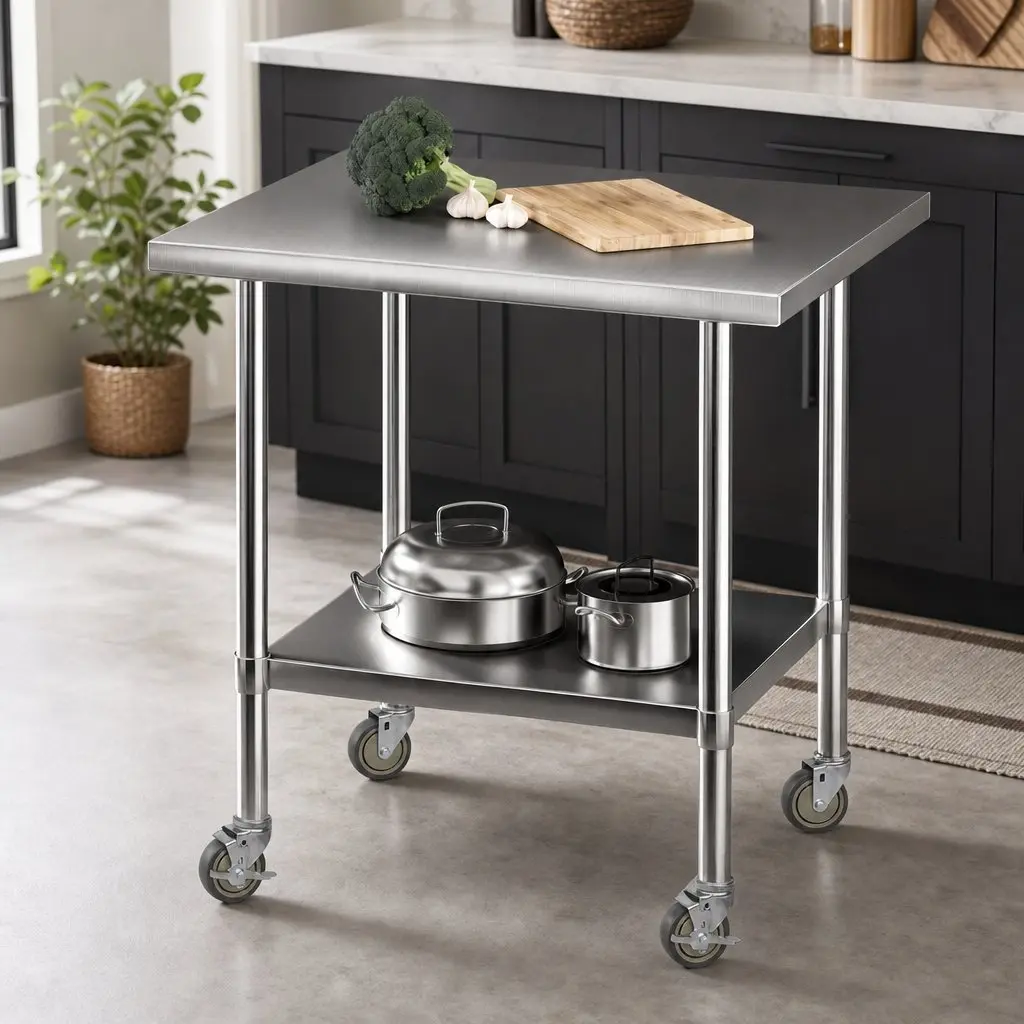 Stainless Steel Kitchen Bench Table 914x762mm with Wheels