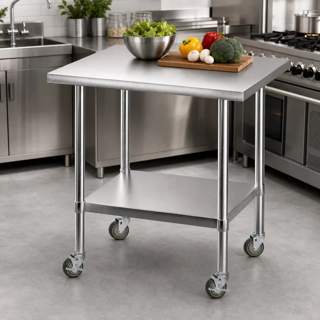 Stainless Steel Kitchen Bench Table 914x762mm with Wheels