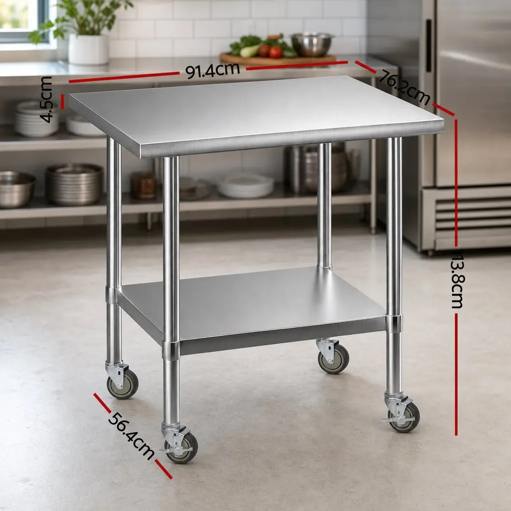 Stainless Steel Kitchen Bench Table 914x762mm with Wheels