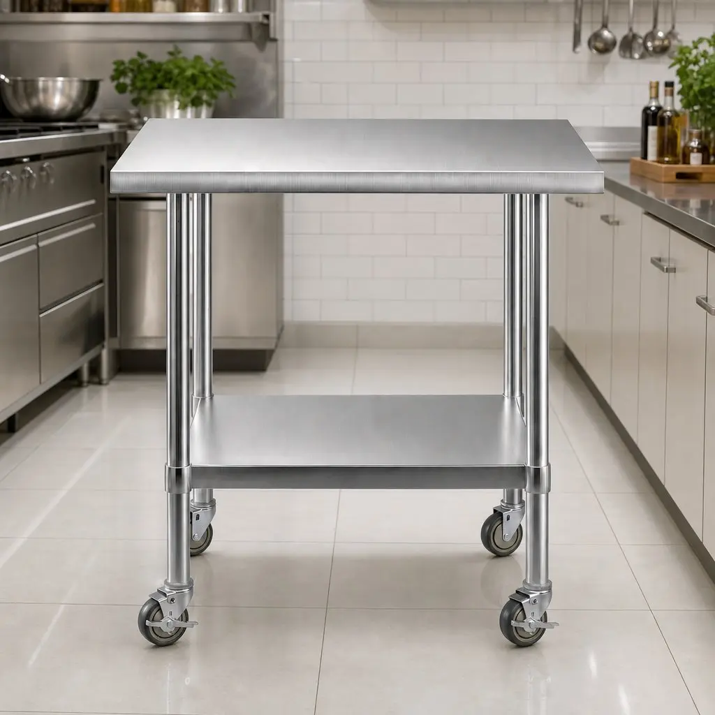Stainless Steel Kitchen Bench Table 914x762mm with Wheels