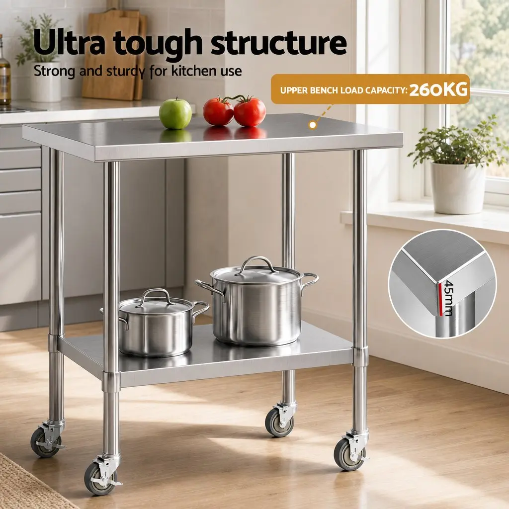 Stainless Steel Kitchen Bench Table 914x762mm with Wheels