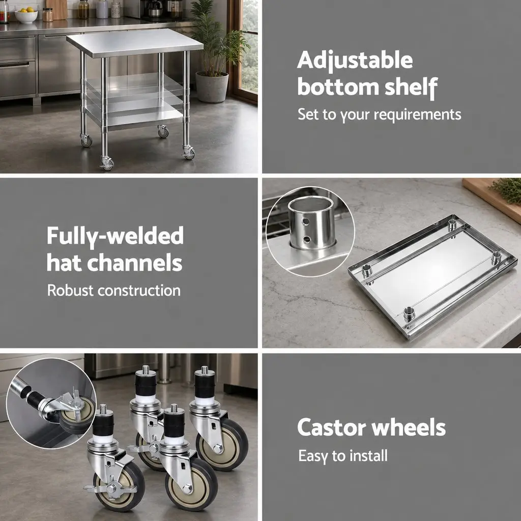 Stainless Steel Kitchen Bench Table 914x762mm with Wheels