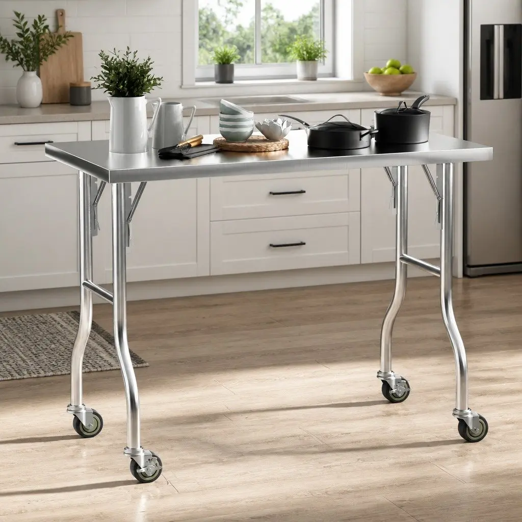 Stainless Steel Kitchen Work Bench with Wheels Foldable Legs 122x61cm