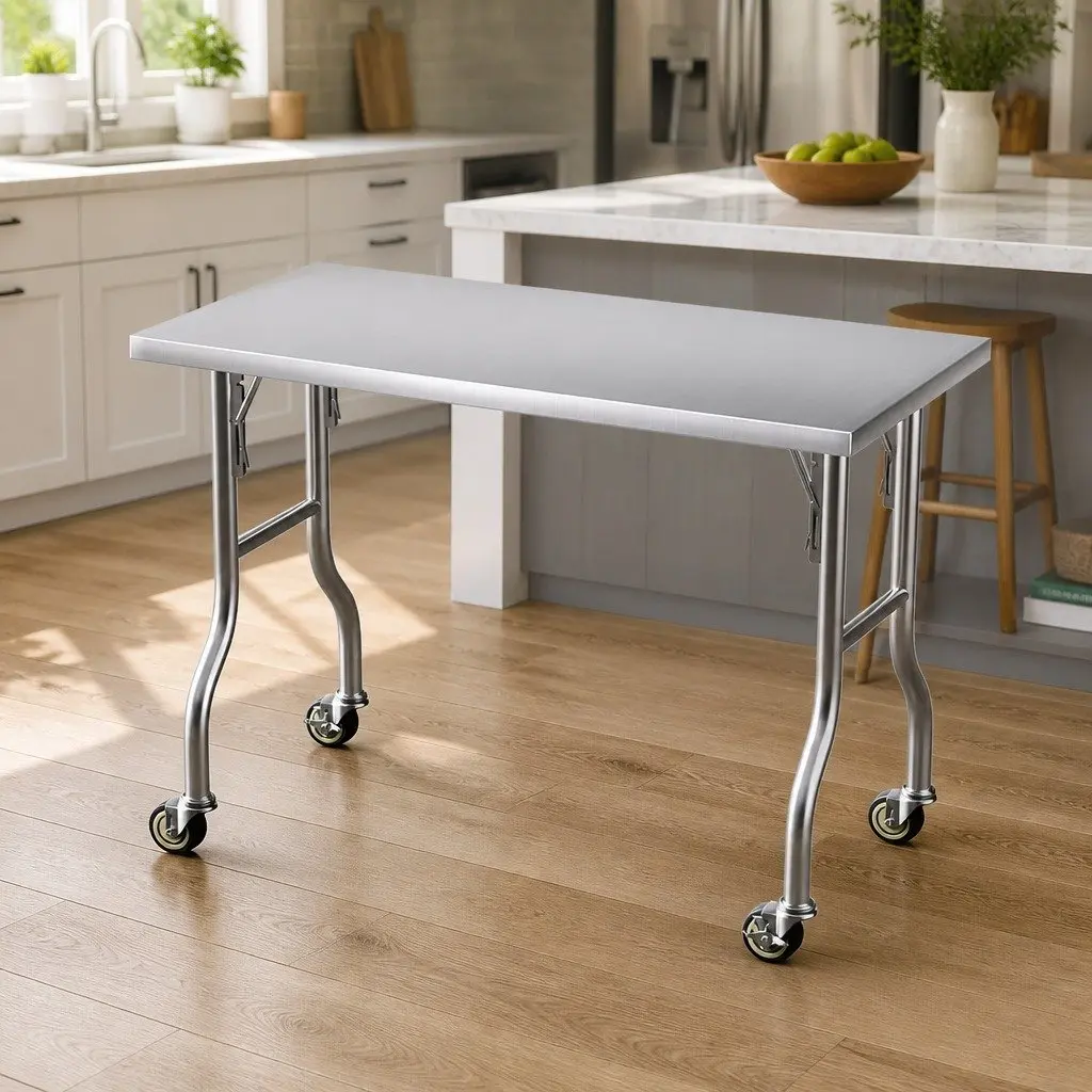 Stainless Steel Kitchen Work Bench with Wheels Foldable Legs 122x61cm