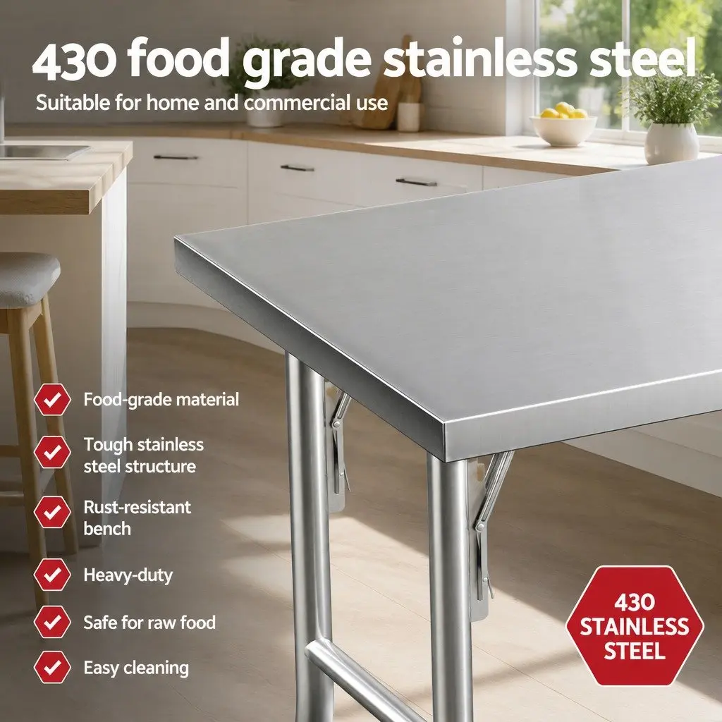 Stainless Steel Kitchen Work Bench with Wheels Foldable Legs 122x61cm