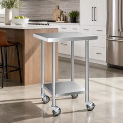 Stainless Steel Kitchen Work Bench 610x610mm Mobile Trolley Castor Wheels
