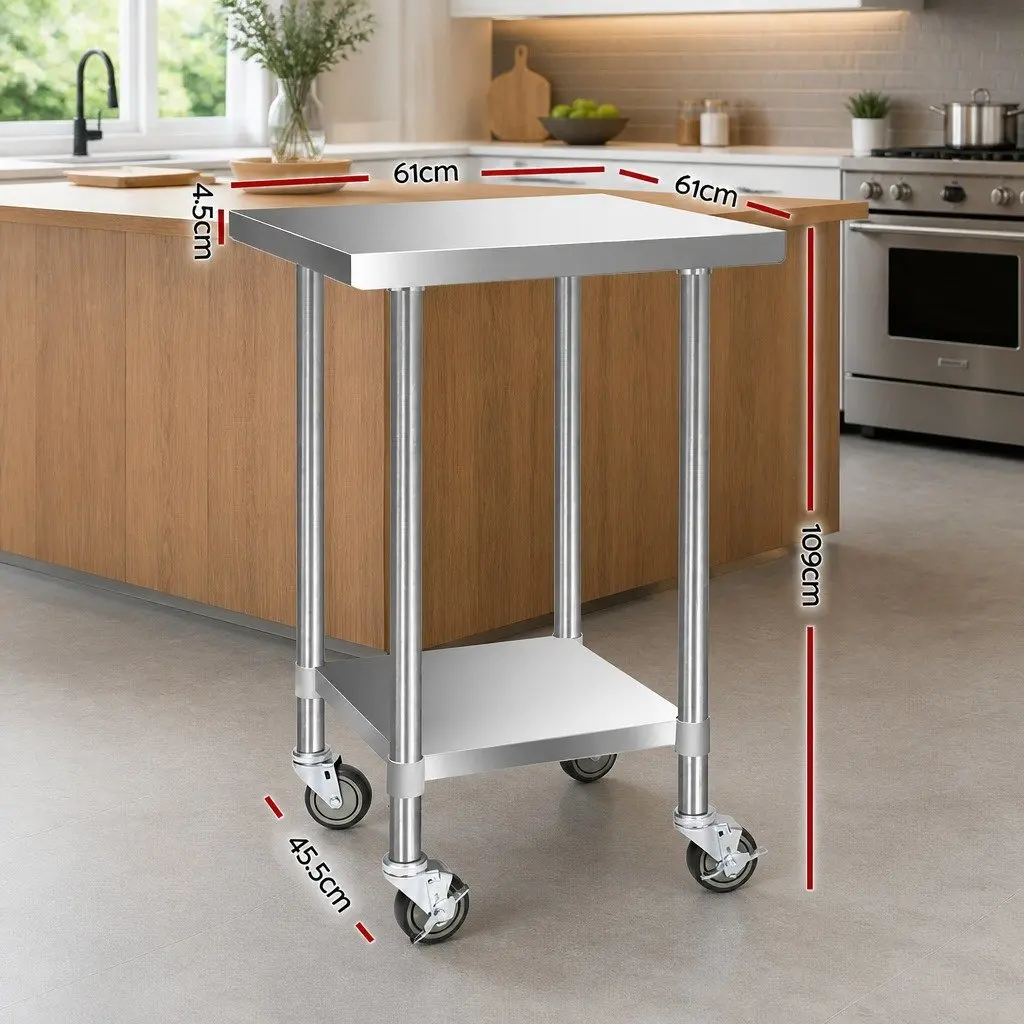 Stainless Steel Kitchen Work Bench Mobile Trolley 610x610mm