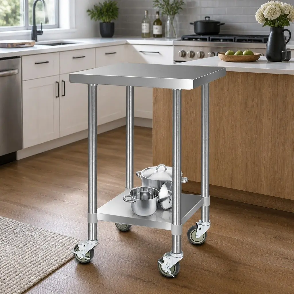 Stainless Steel Kitchen Work Bench Mobile Trolley 610x610mm