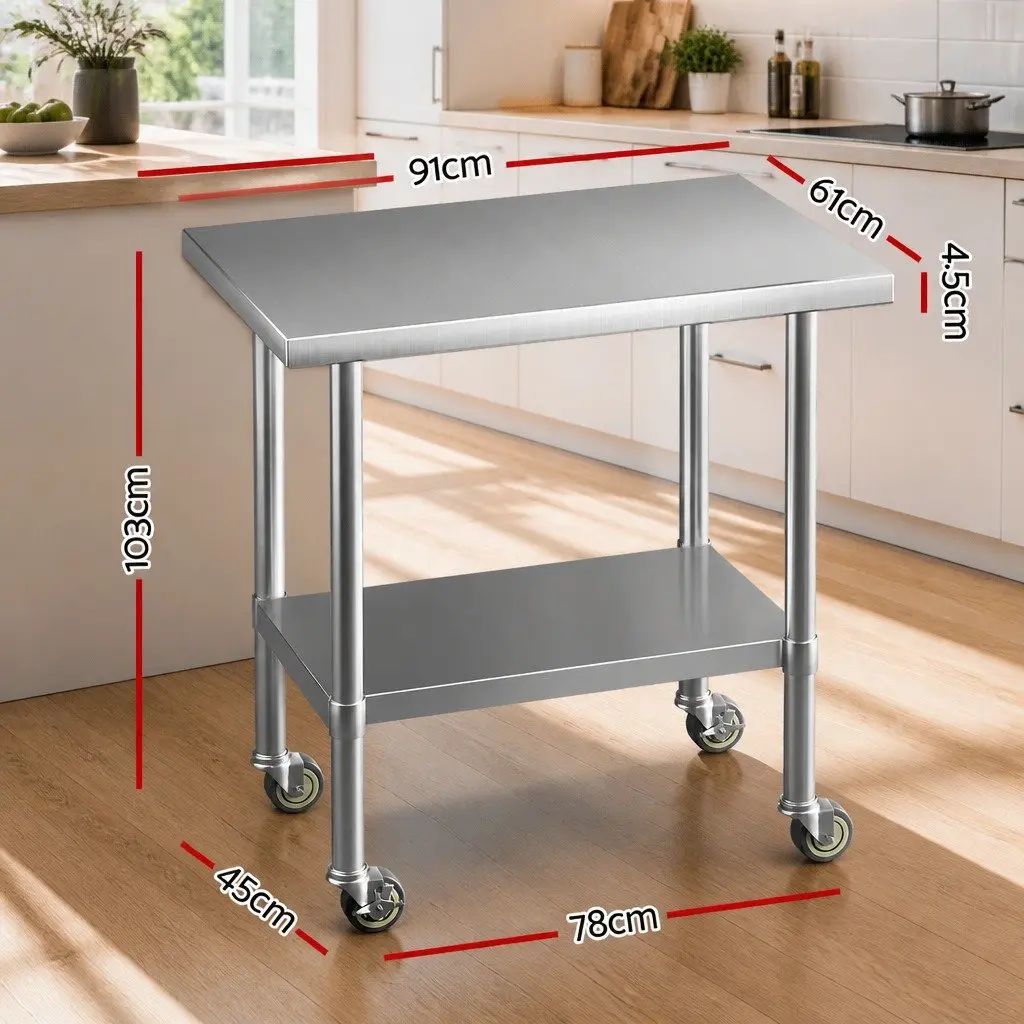 Stainless Steel Work Bench Kitchen Use 91x61cm with Wheels and Adjustable Shelf